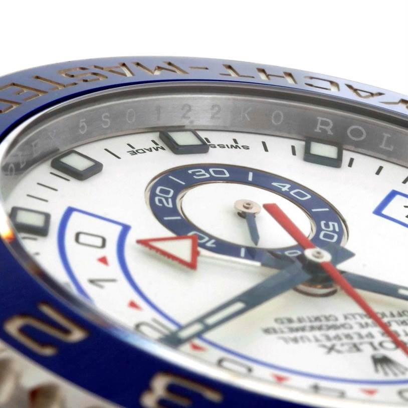 This image shows a close-up angle of the dial and bezel of a Rolex Yacht-Master 116680 Men's Stainless Steel White Dial 116680 Men's Stainless Steel White Dial watch, focusing on the face and markers.