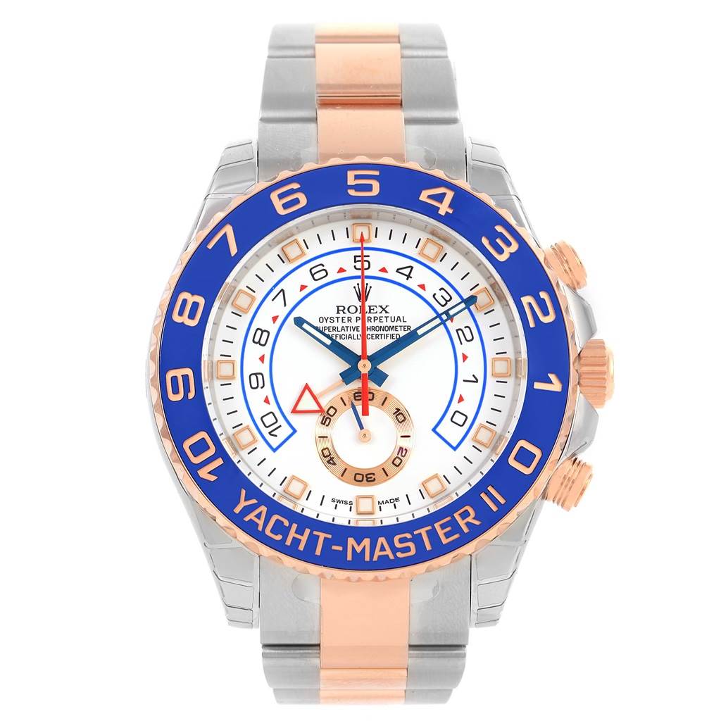 The image shows the front view of a Rolex Yacht-Master 116681 Men's Steel and Gold (two tone) White Dial 116681 Men's Steel and Gold (two tone) White Dial watch, highlighting its face, bezel, and strap.