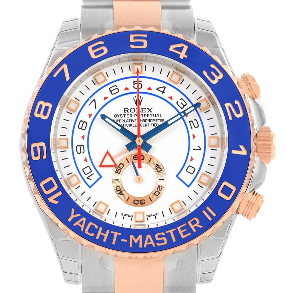 The image shows a front view of a Rolex Yacht-Master 116681 Men's Steel and Gold (two tone) White Dial 116681 Men's Steel and Gold (two tone) White Dial II watch, highlighting its dial, bezel, and part of the bracelet.