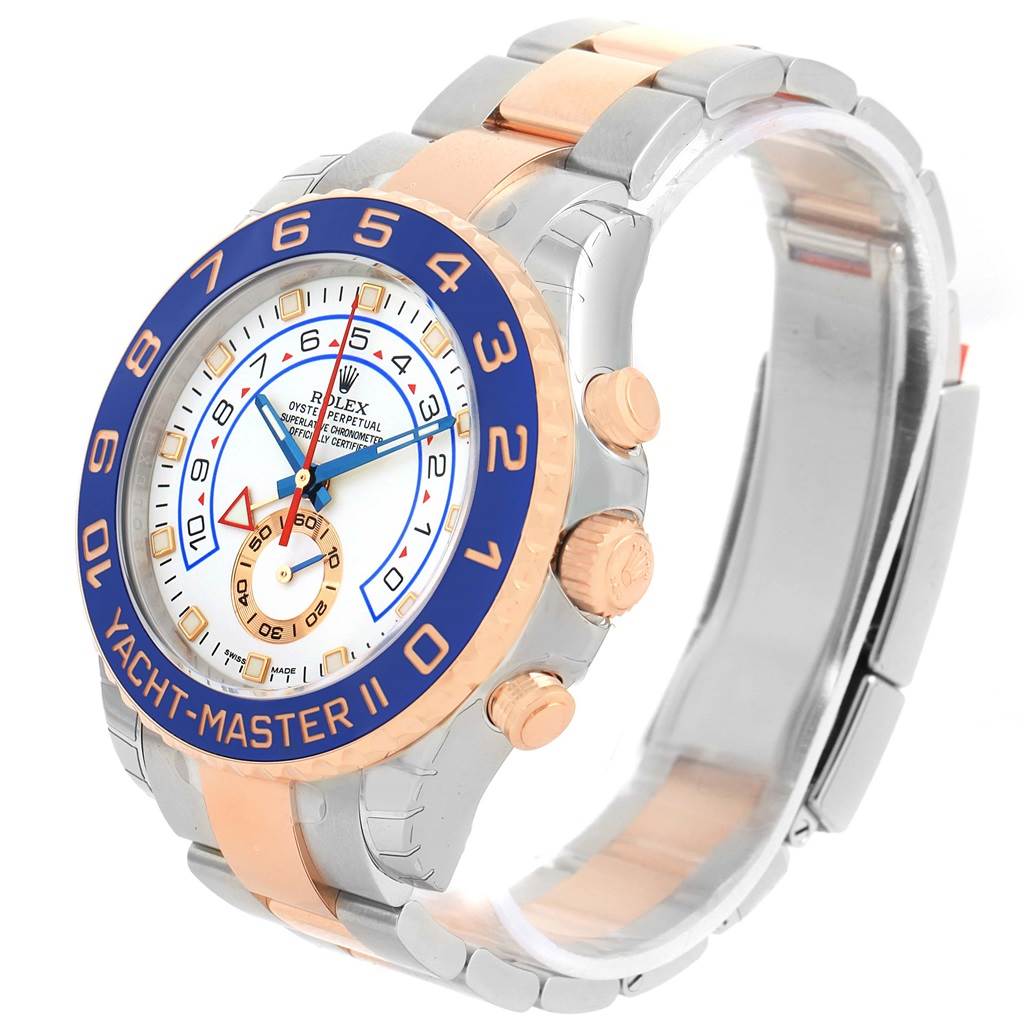 This Rolex Yacht-Master 116681 Men's Steel and Gold (two tone) White Dial 116681 Men's Steel and Gold (two tone) White Dial watch is shown at an angled side view, displaying its bezel, dial, crown, pushers, and bracelet.