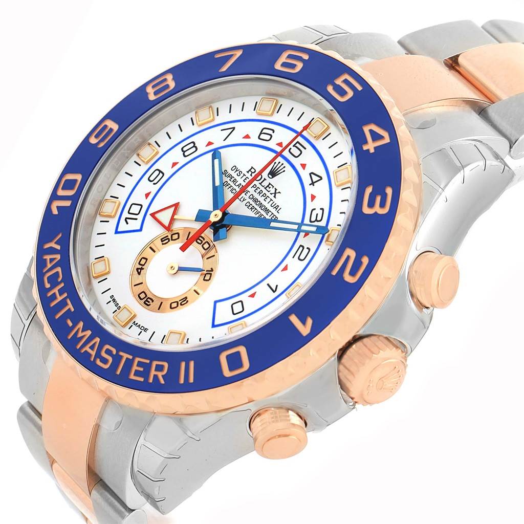 The image shows a Rolex Yacht-Master 116681 Men's Steel and Gold (two tone) White Dial 116681 Men's Steel and Gold (two tone) White Dial II watch at a slight angle displaying its dial, bezel, and part of the bracelet.