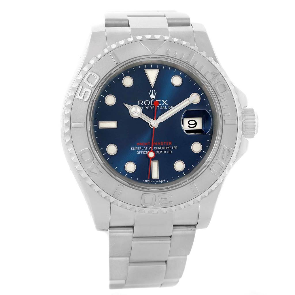 The Rolex Yacht-Master 116622 Men's Stainless Steel Blue Dial 116622 Men's Stainless Steel Blue Dial watch is shown from the front, displaying its dial, bezel, and bracelet.