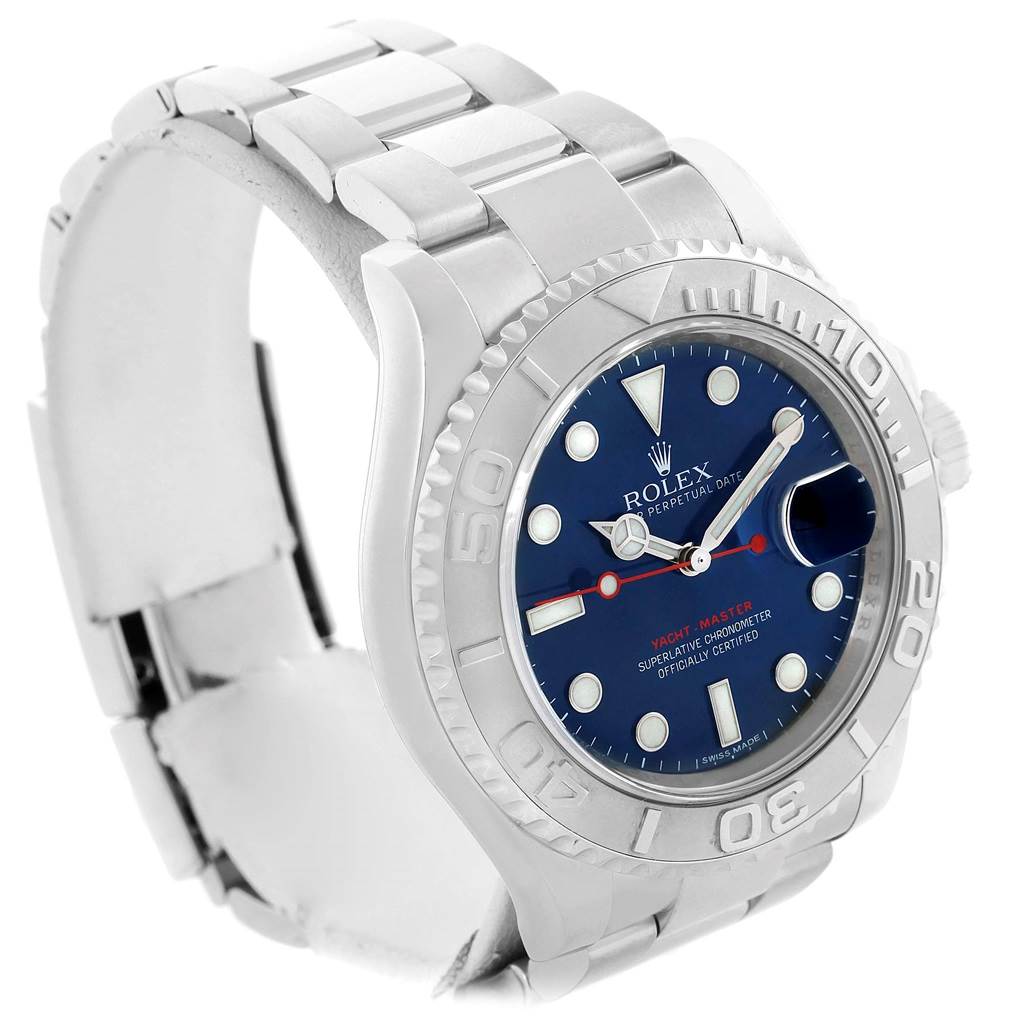 The Rolex Yacht-Master 116622 Men's Stainless Steel Blue Dial 116622 Men's Stainless Steel Blue Dial watch is shown from a front-left angle, highlighting its blue dial, bezel, and bracelet.