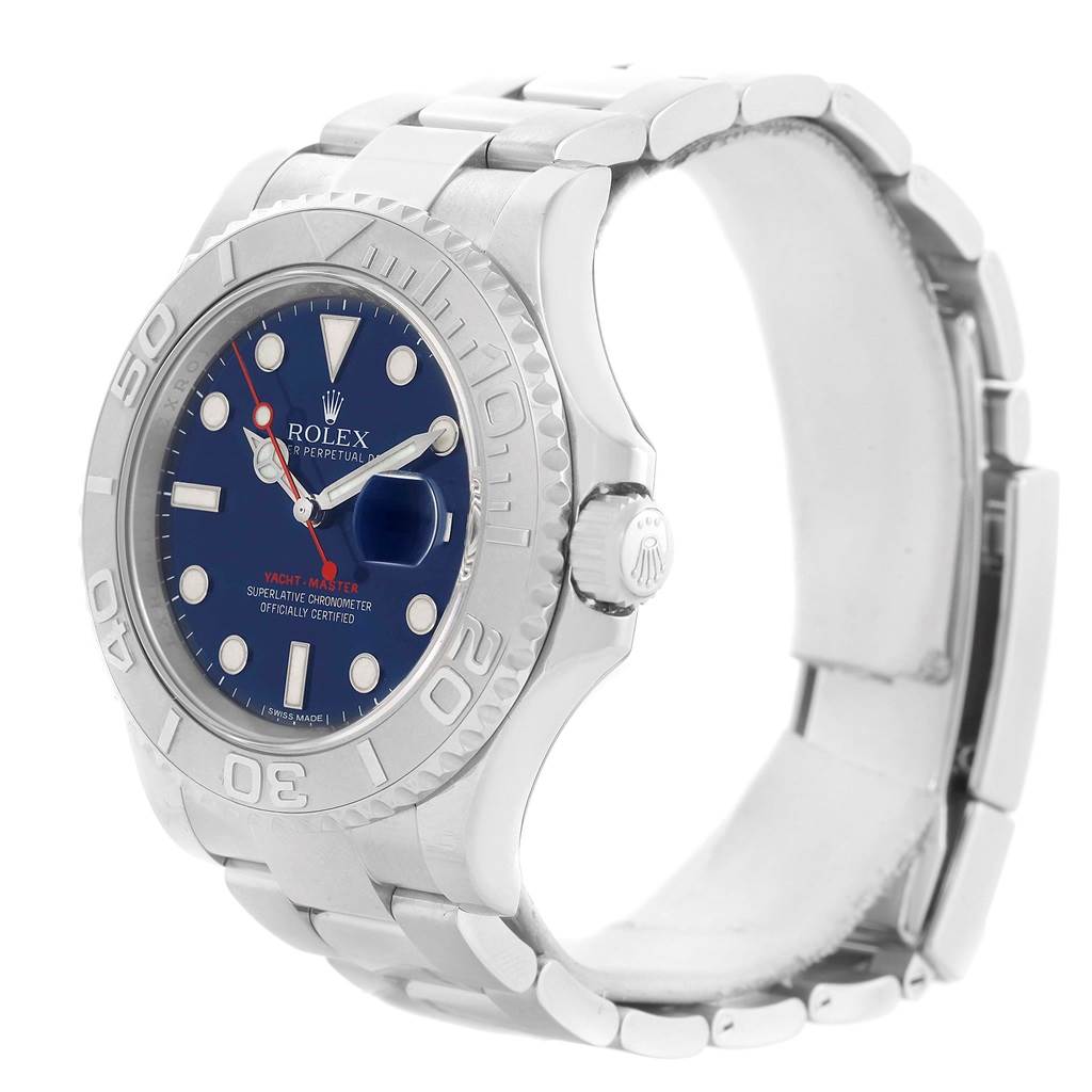The Rolex Yacht-Master 116622 Men's Stainless Steel Blue Dial 116622 Men's Stainless Steel Blue Dial watch is shown at a three-quarter angle, displaying the bezel, dial, crown, and bracelet.