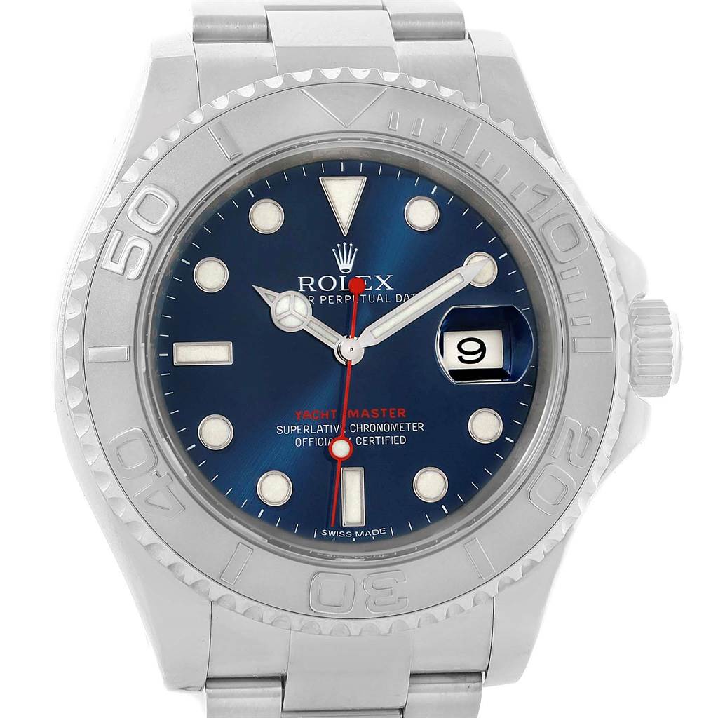 The image shows a front view of the Rolex Yacht-Master 116622 Men's Stainless Steel Blue Dial 116622 Men's Stainless Steel Blue Dial watch, highlighting its blue dial, bezel, and bracelet.