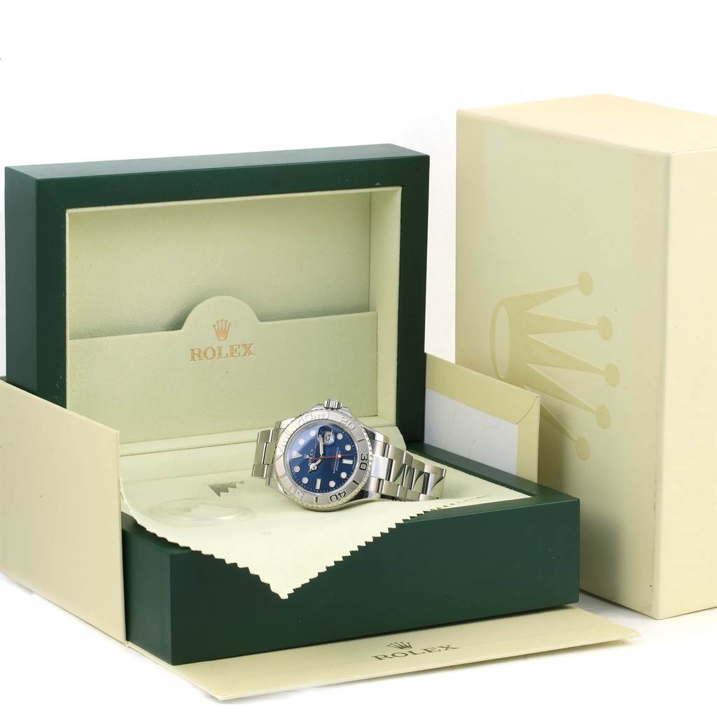 The image shows a Rolex Yacht-Master 116622 Men's Stainless Steel Blue Dial 116622 Men's Stainless Steel Blue Dial watch in its open display box, featured from an angle slightly above and to the front.