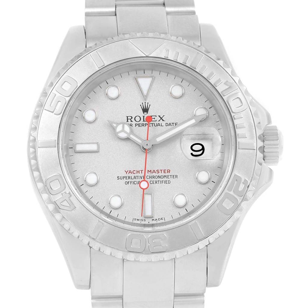 This image shows the Rolex Yacht-Master 16622 Men's Stainless Steel Silver Dial 16622 Men's Stainless Steel Silver Dial watch from a front angle, highlighting the dial, bezel, hands, and bracelet.