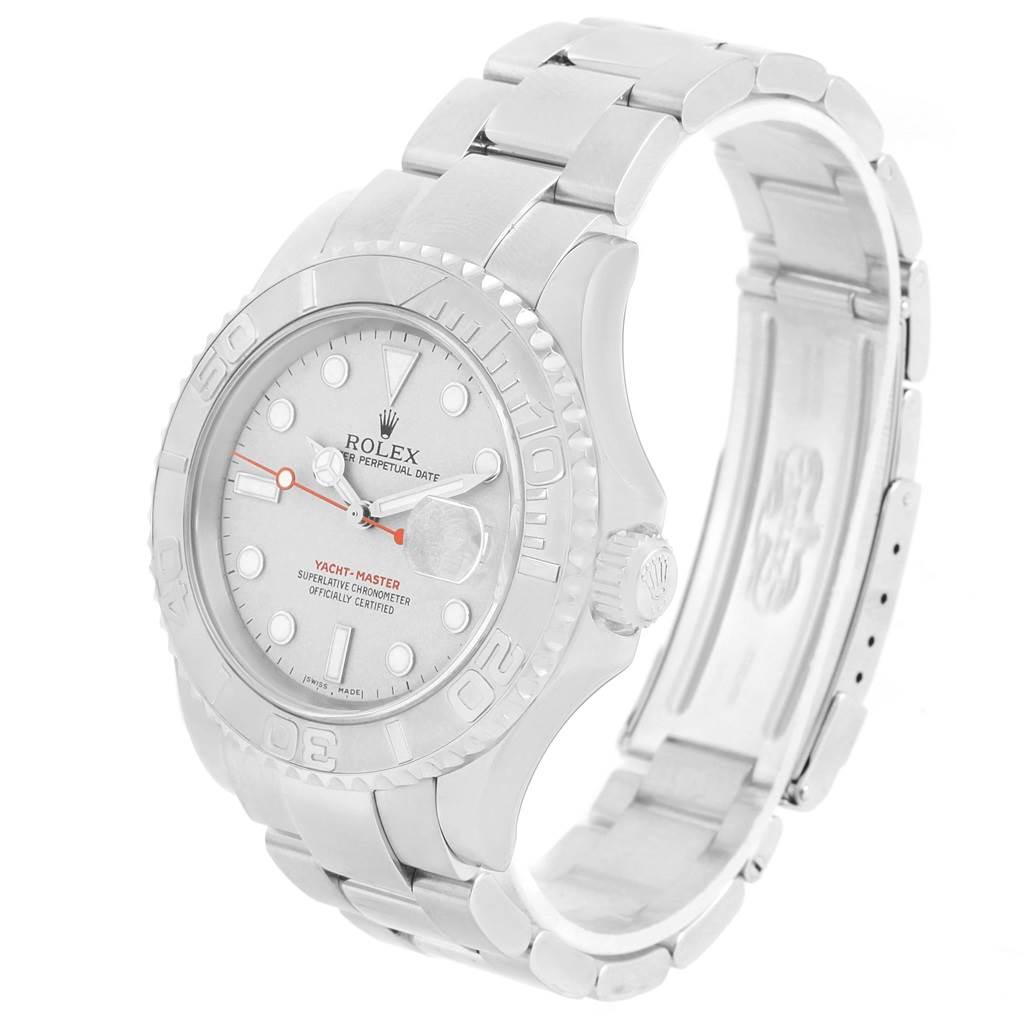 This image shows a side angle of the Rolex Yacht-Master 16622 Men's Stainless Steel Silver Dial 16622 Men's Stainless Steel Silver Dial watch, highlighting the face, bezel, crown, and bracelet.