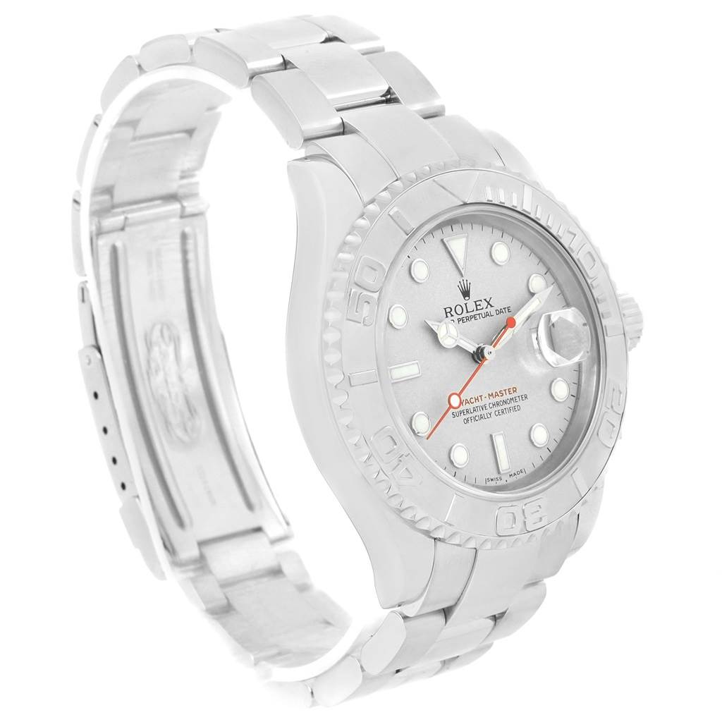 The Rolex Yacht-Master 16622 Men's Stainless Steel Silver Dial 16622 Men's Stainless Steel Silver Dial watch is shown from a slight left-side angle, highlighting the face, bezel, and part of the bracelet.