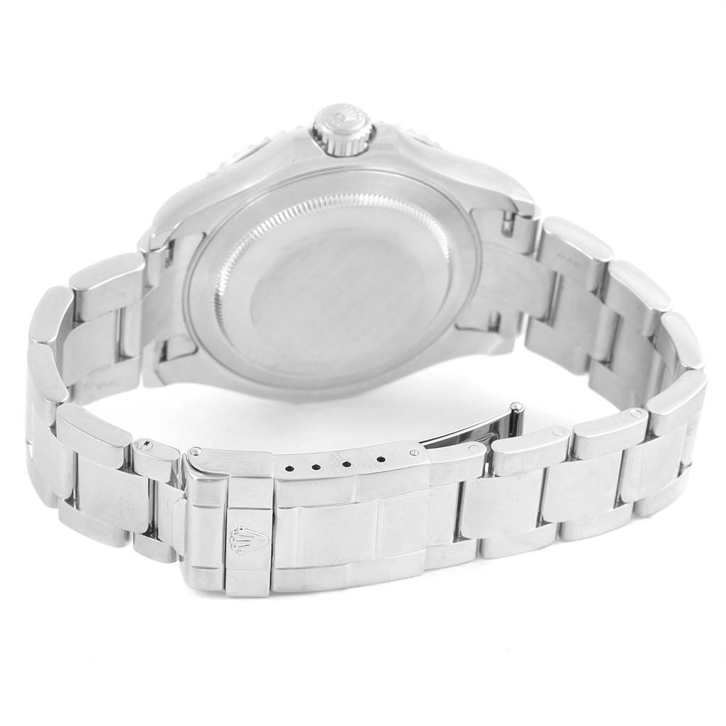 The image shows the back view of a Rolex Yacht-Master 16622 Men's Stainless Steel Silver Dial 16622 Men's Stainless Steel Silver Dial watch, highlighting its bracelet, clasp, and case back.