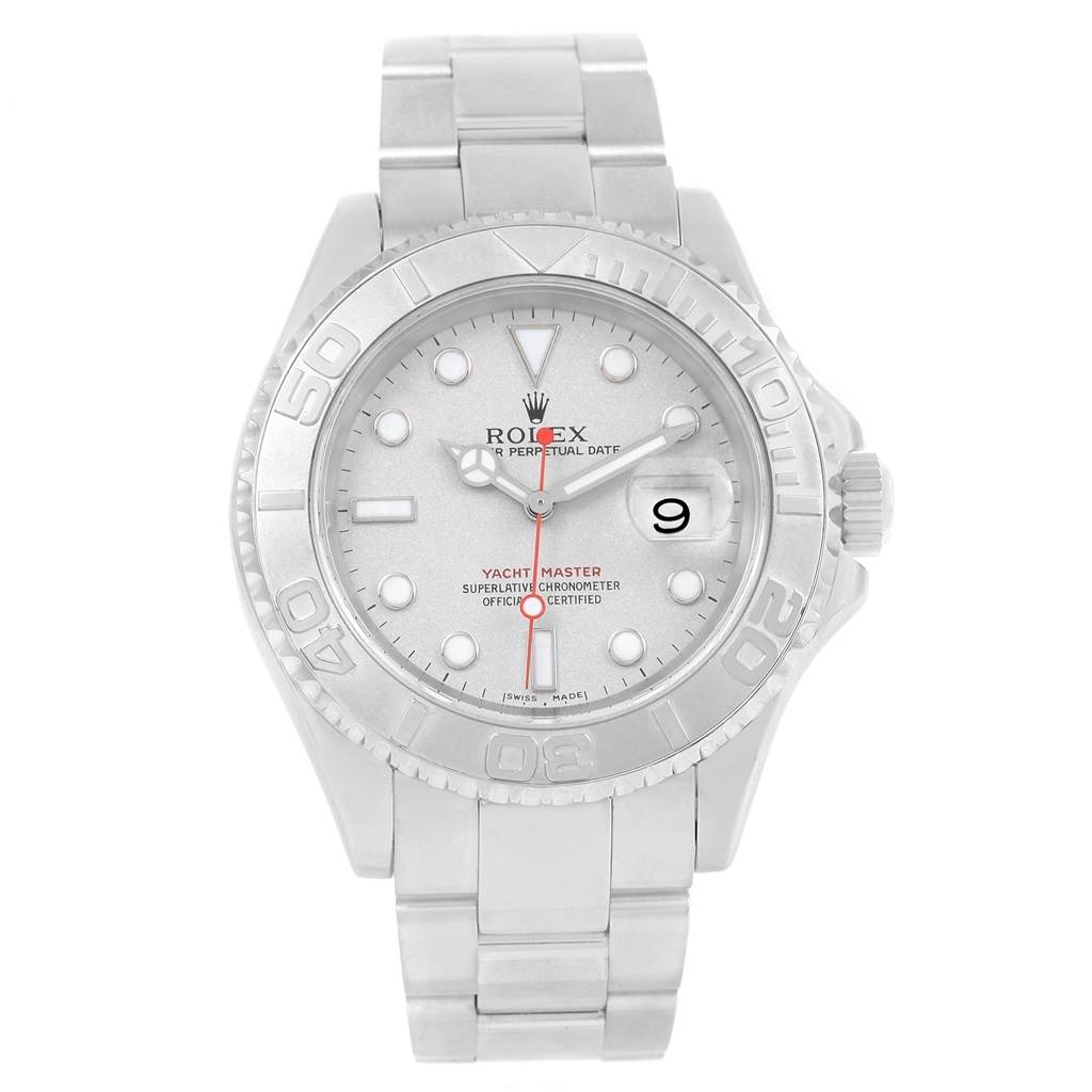 The image shows a front view of the Rolex Yacht-Master 16622 Men's Stainless Steel Silver Dial 16622 Men's Stainless Steel Silver Dial watch, featuring the dial, bezel, and bracelet.