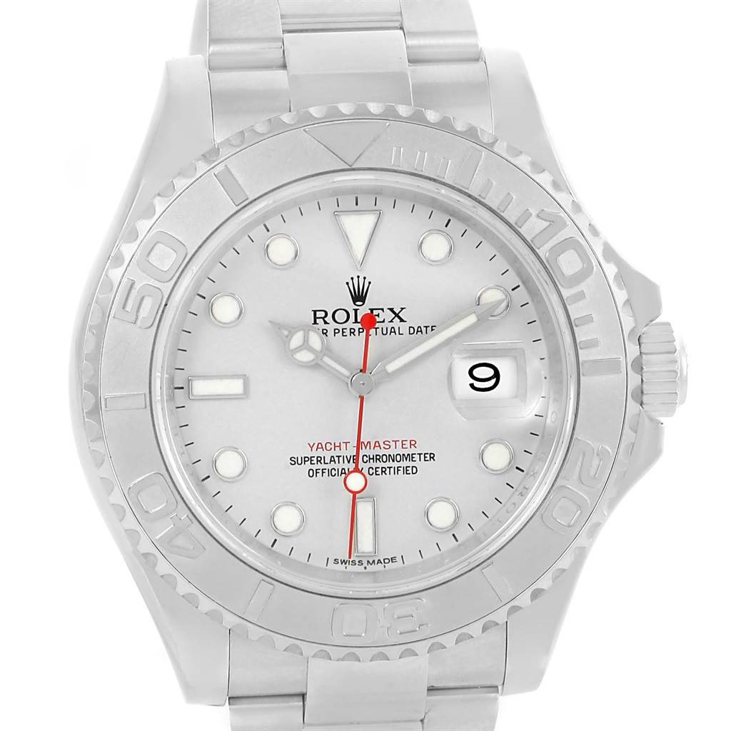 The image shows a front view of the Rolex Yacht-Master 116622 Men's Stainless Steel Silver Dial 116622 Men's Stainless Steel Silver Dial watch, highlighting the dial, hands, bezel, date window, and part of the bracelet.