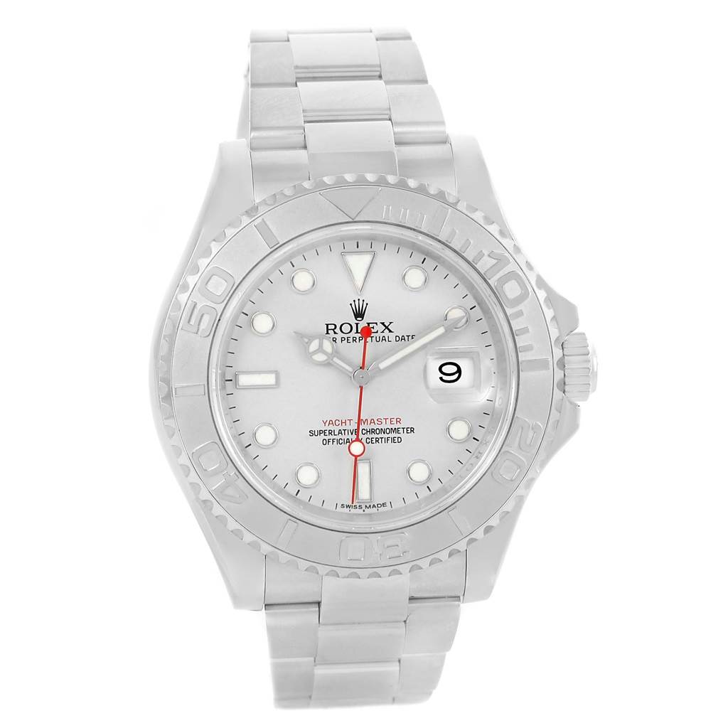 The Rolex Yacht-Master 116622 Men's Stainless Steel Silver Dial 116622 Men's Stainless Steel Silver Dial watch is shown from a top-down angle, displaying its dial, bezel, and bracelet.