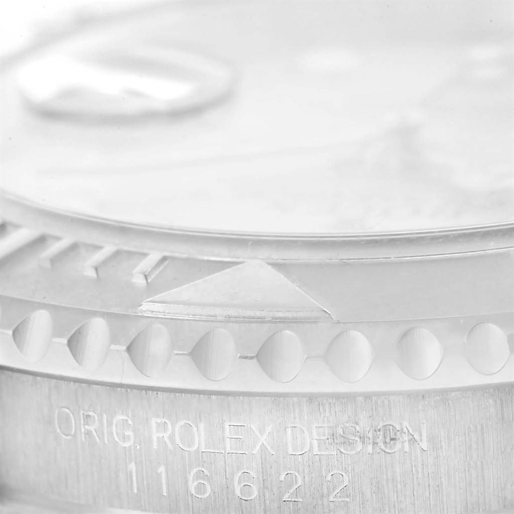 This close-up angle of the Rolex Yacht-Master 116622 Men's Stainless Steel Silver Dial 116622 Men's Stainless Steel Silver Dial shows the bezel with markings and model engraving.