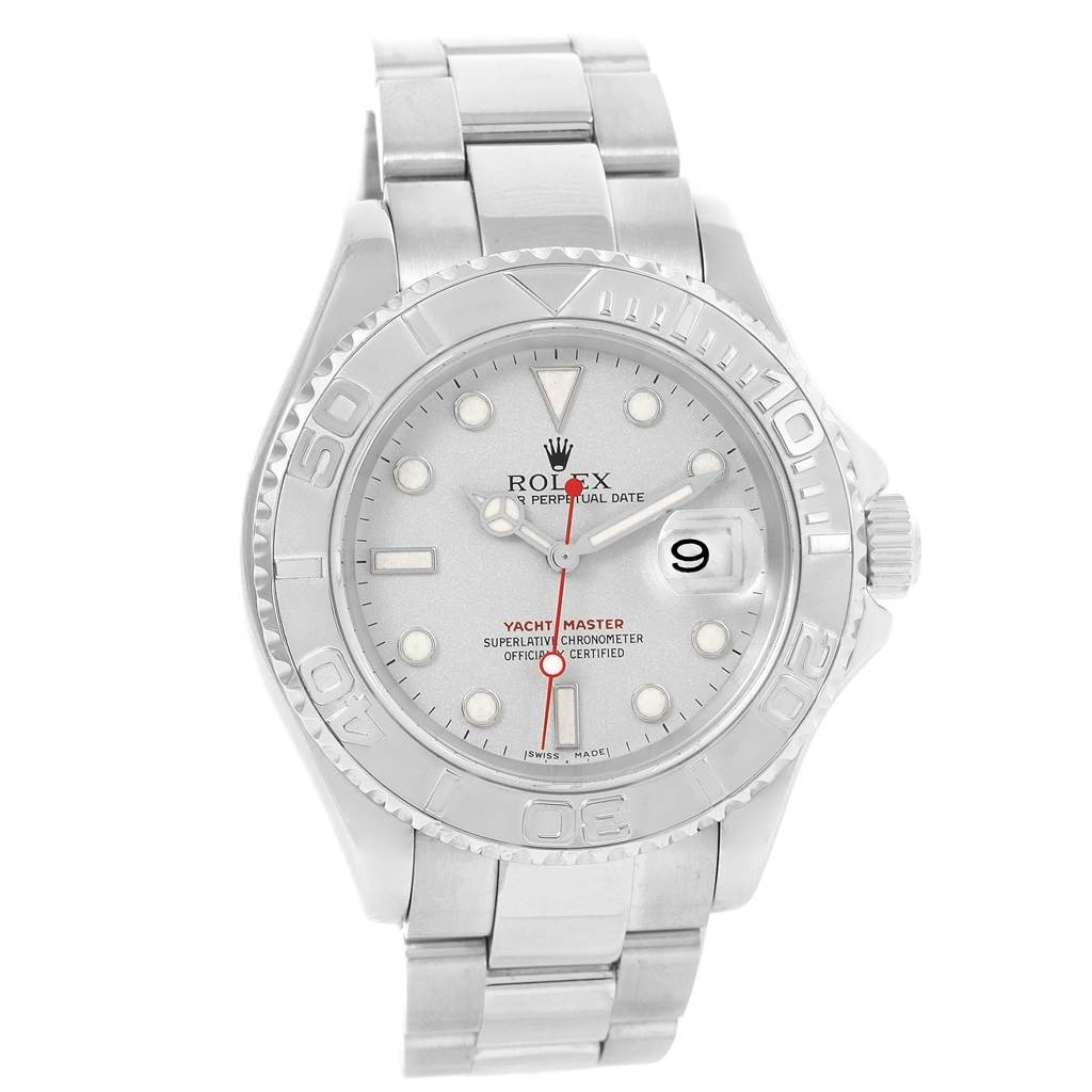The Rolex Yacht-Master 16622 Men's Stainless Steel Silver Dial 16622 Men's Stainless Steel Silver Dial watch is shown from a front view, displaying its dial, bezel, and bracelet.