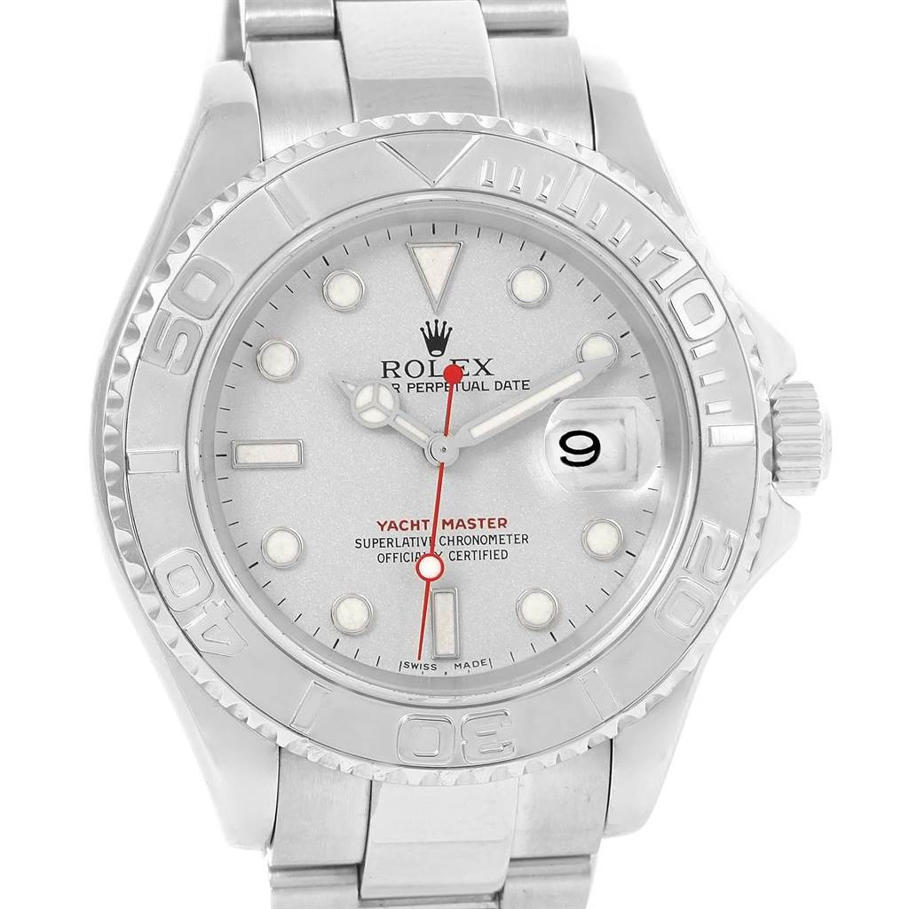 This image shows a frontal view of the Rolex Yacht-Master 16622 Men's Stainless Steel Silver Dial 16622 Men's Stainless Steel Silver Dial watch, including the dial, bezel, crown, and part of the bracelet.