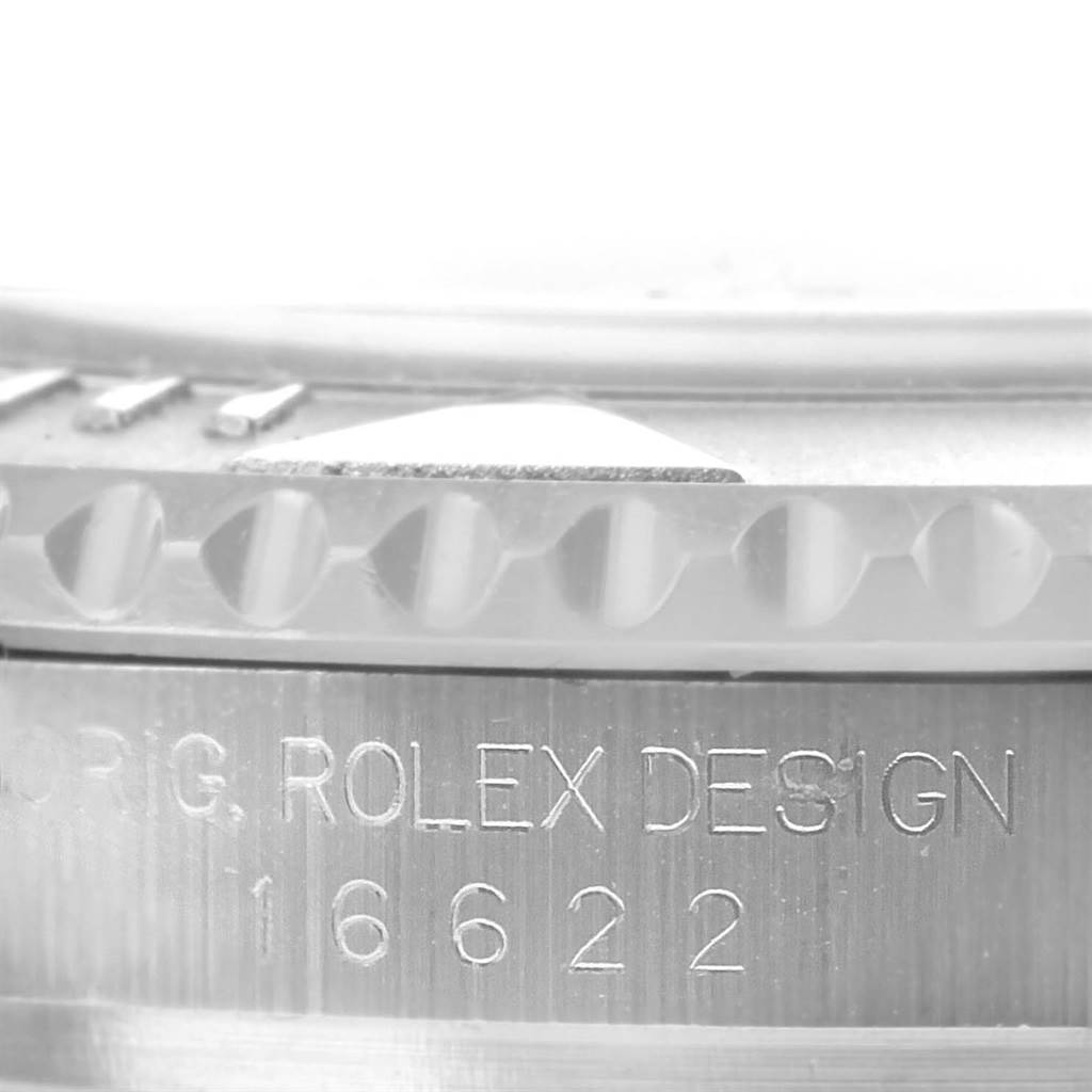 This image shows a close-up of the inscribed side of a Rolex Yacht-Master 16622 Men's Stainless Steel Silver Dial 16622 Men's Stainless Steel Silver Dial model with the reference number 16622.