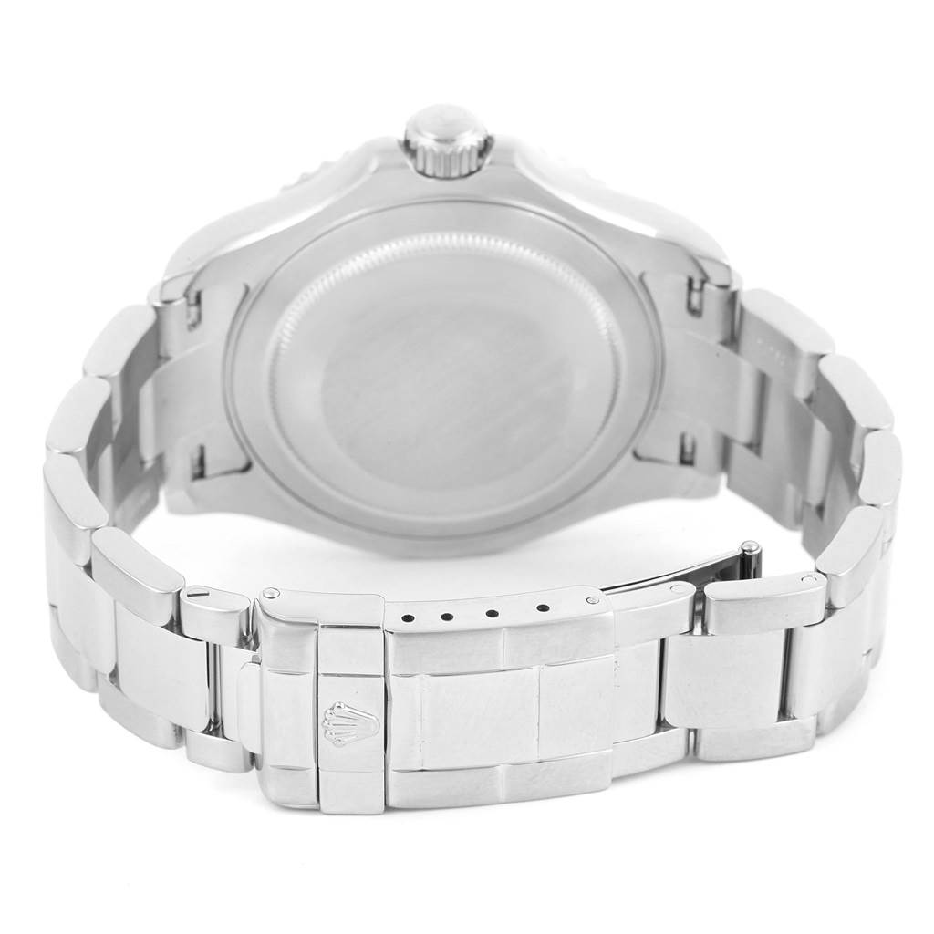 This image shows the back case and bracelet clasp of a Rolex Yacht-Master 16622 Men's Stainless Steel Silver Dial 16622 Men's Stainless Steel Silver Dial watch from a rear view angle.
