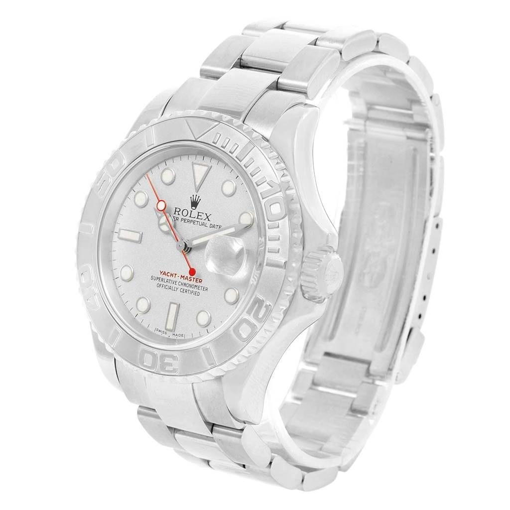 This is a front angle view of a Rolex Yacht-Master 16622 Men's Stainless Steel Silver Dial 16622 Men's Stainless Steel Silver Dial watch, showcasing its bezel, dial, and bracelet clearly.