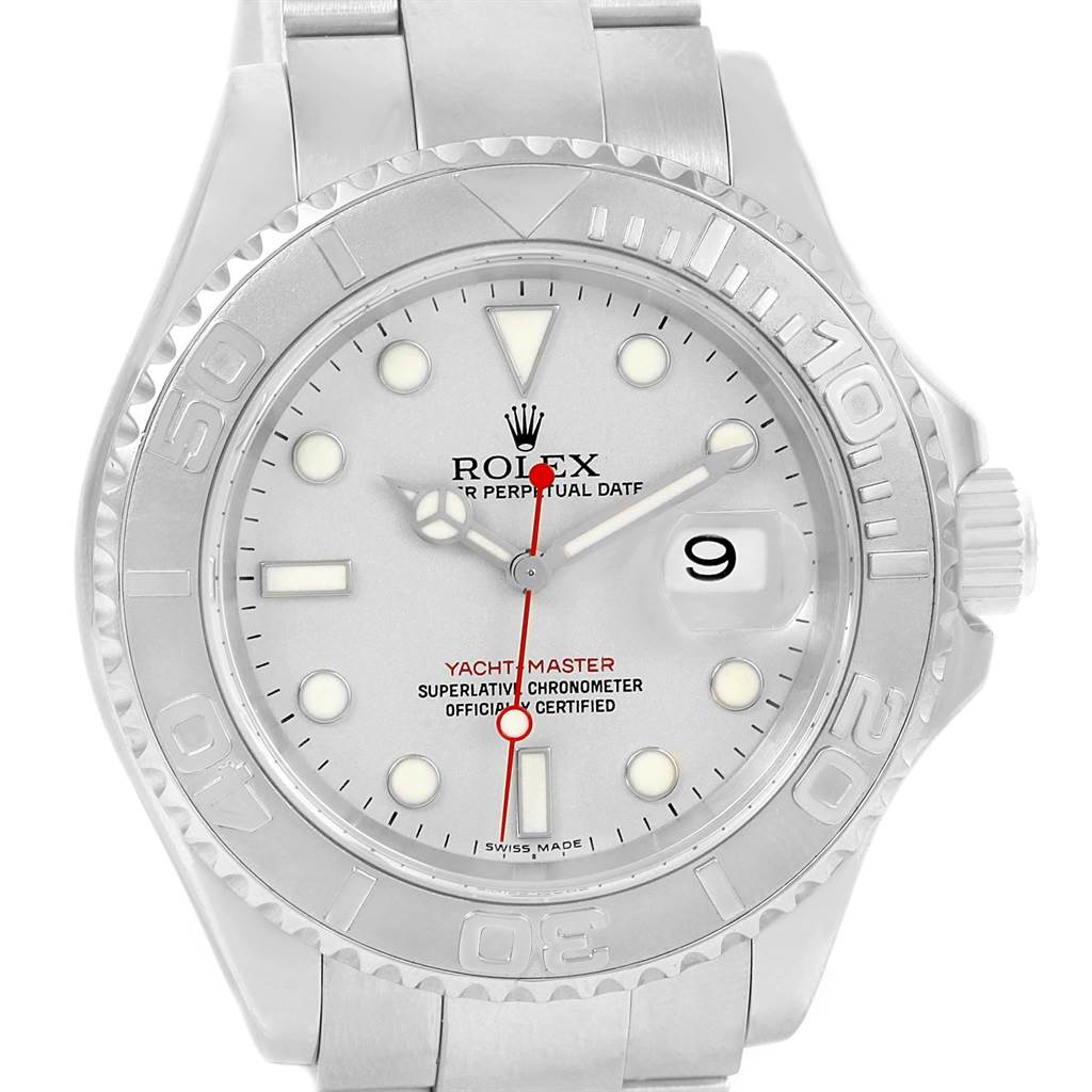 This image shows a front view of the Rolex Yacht-Master 16622 Men's Stainless Steel Silver Dial 16622 Men's Stainless Steel Silver Dial watch, highlighting its dial, bezel, and part of the bracelet.
