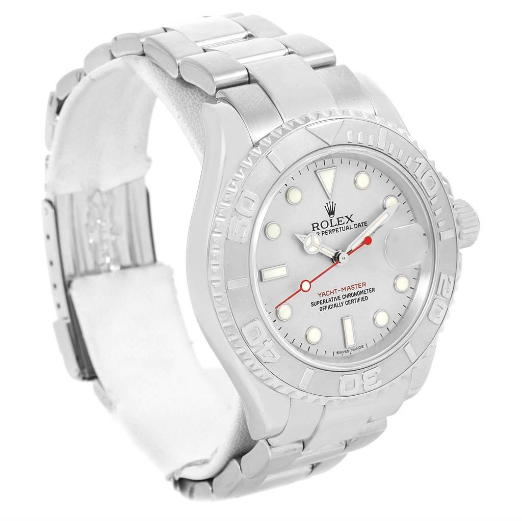 The image shows a Rolex Yacht-Master 16622 Men's Stainless Steel Silver Dial 16622 Men's Stainless Steel Silver Dial watch from a three-quarter angle, displaying the face, bezel, bracelet, and crown.
