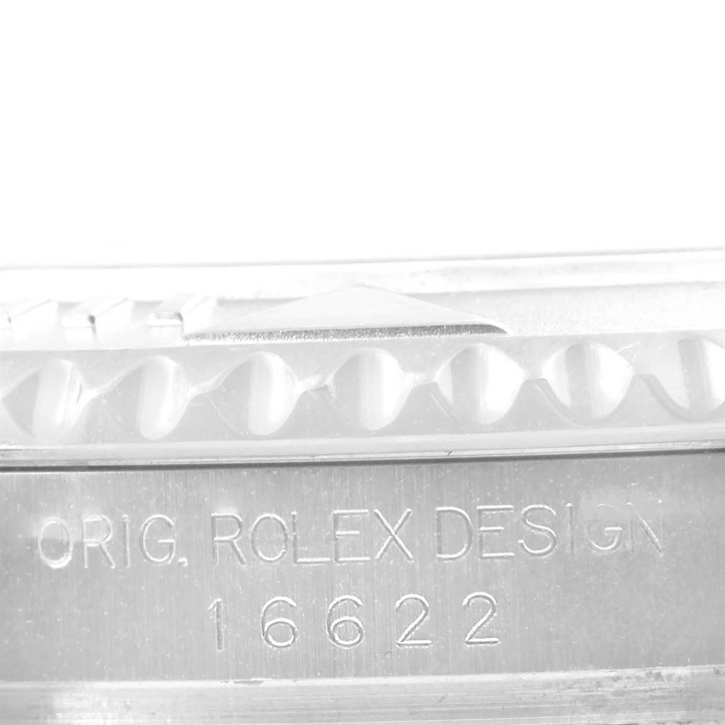 The image shows a close-up of the side of a Rolex Yacht-Master 16622 Men's Stainless Steel Silver Dial 16622 Men's Stainless Steel Silver Dial watch, featuring the engraved model number "16622" and part of the bezel.