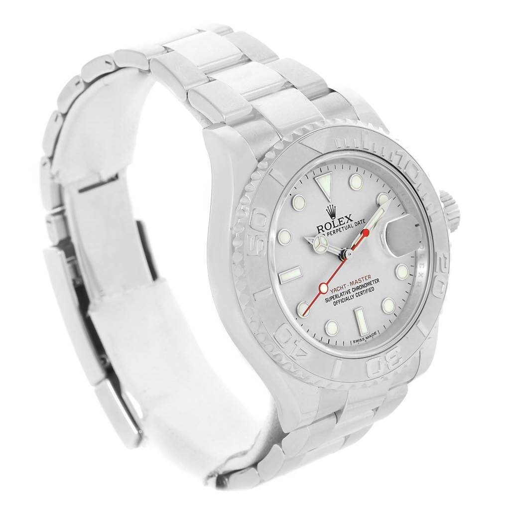 The image shows a Rolex Yacht-Master 116622 Men's Stainless Steel Silver Dial 116622 Men's Stainless Steel Silver Dial watch at a slight angle, displaying its face, bezel, crown, and part of the bracelet.