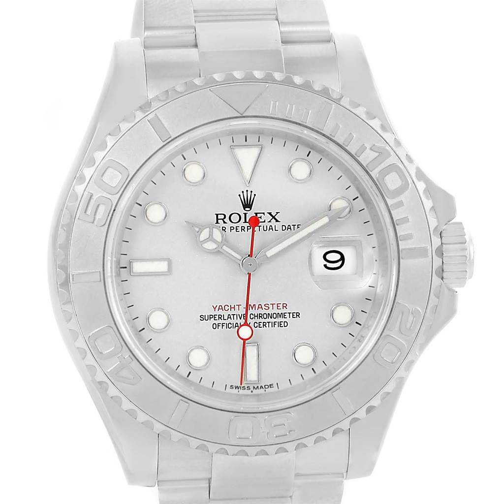 The Rolex Yacht-Master 116622 Men's Stainless Steel Silver Dial 116622 Men's Stainless Steel Silver Dial watch is shown from a front angle, displaying the dial, bezel, and part of the bracelet.