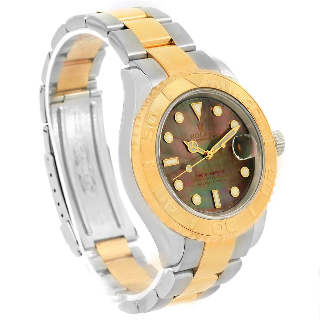 The image shows a Rolex Yacht-Master 16623 Men's Stainless Steel Mother of Pearl Dial 16623 Men's Stainless Steel Mother of Pearl Dial watch at a three-quarter angle, highlighting its two-tone metal bracelet and bezel.