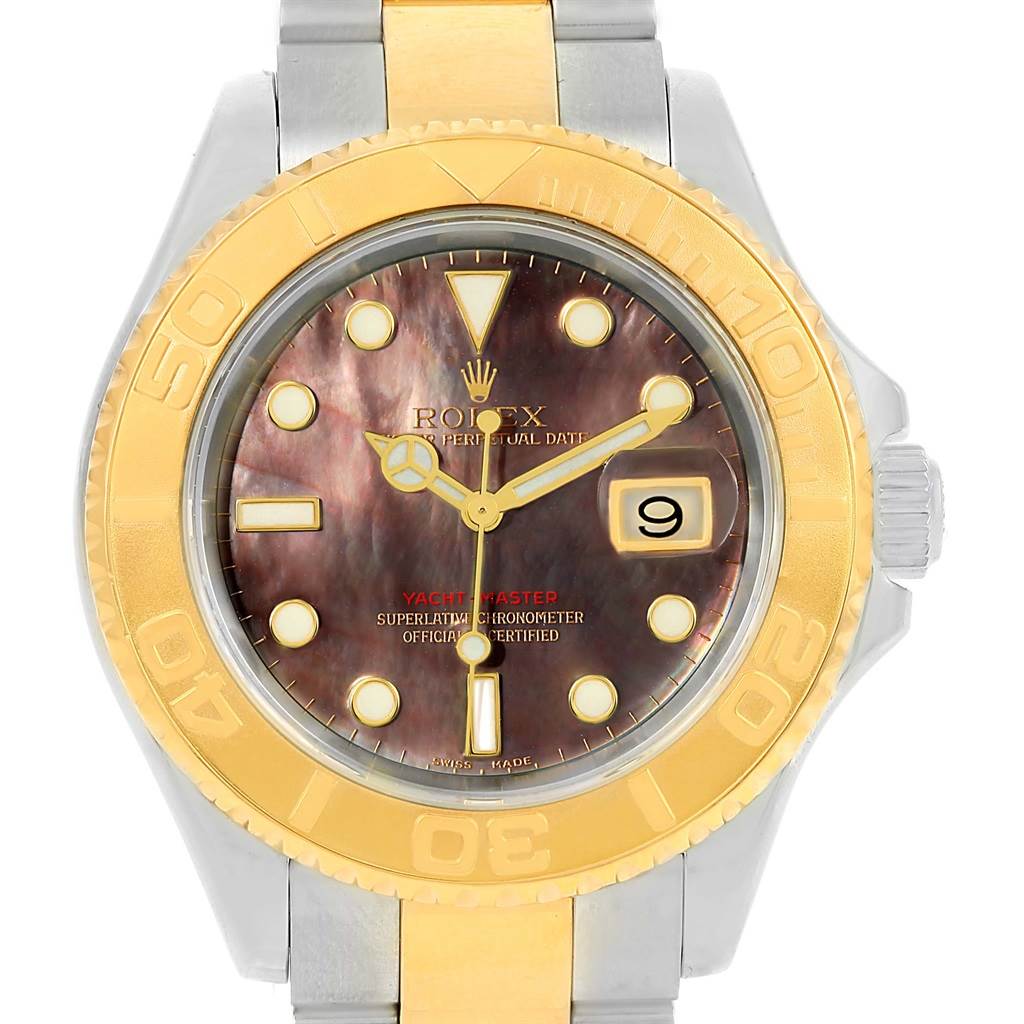 The image shows the front view of a Rolex Yacht-Master 16623 Men's Stainless Steel Mother of Pearl Dial 16623 Men's Stainless Steel Mother of Pearl Dial watch, highlighting its bezel, dial, and bracelet.