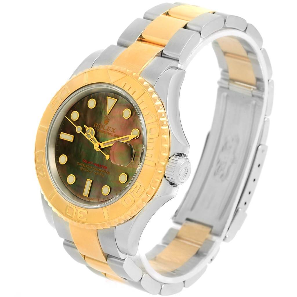 This image shows a side view of the Rolex Yacht-Master 16623 Men's Stainless Steel Mother of Pearl Dial 16623 Men's Stainless Steel Mother of Pearl Dial watch, highlighting its bezel, dial, and bracelet.