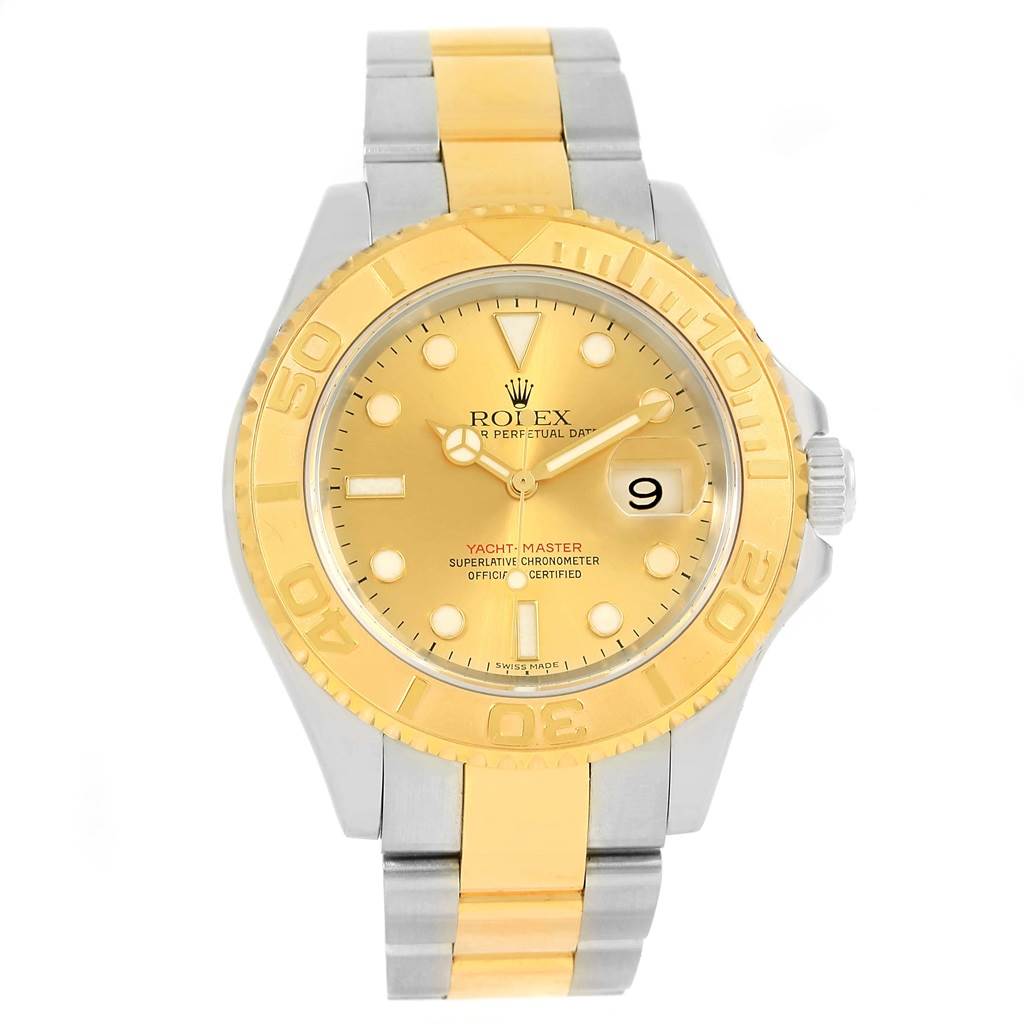 This image shows a front view of a Rolex Yacht-Master 16623 Men's Stainless Steel Champagne Dial 16623 Men's Stainless Steel Champagne Dial watch, highlighting its dial, bezel, and bracelet.