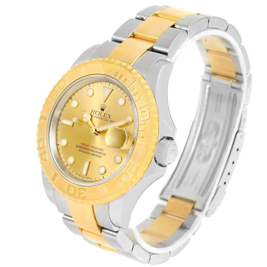 This image shows a Rolex Yacht-Master 16623 Men's Stainless Steel Champagne Dial 16623 Men's Stainless Steel Champagne Dial watch at a three-quarter angle, highlighting the dial, bezel, and bracelet.
