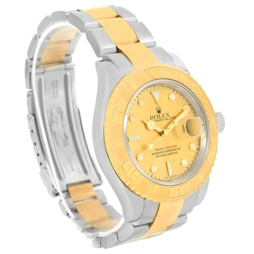 The image shows the front and side view of a Rolex Yacht-Master 16623 Men's Stainless Steel Champagne Dial 16623 Men's Stainless Steel Champagne Dial watch, featuring a gold and silver two-tone bracelet and bezel.