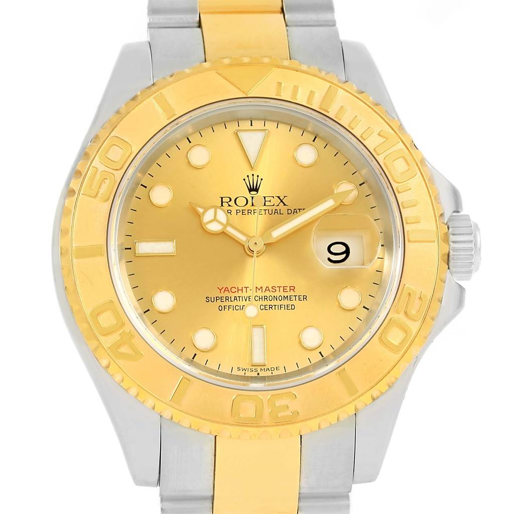 The image shows a frontal view of a Rolex Yacht-Master 16623 Men's Stainless Steel Champagne Dial 16623 Men's Stainless Steel Champagne Dial watch, highlighting its dial, bezel, and part of the bracelet.