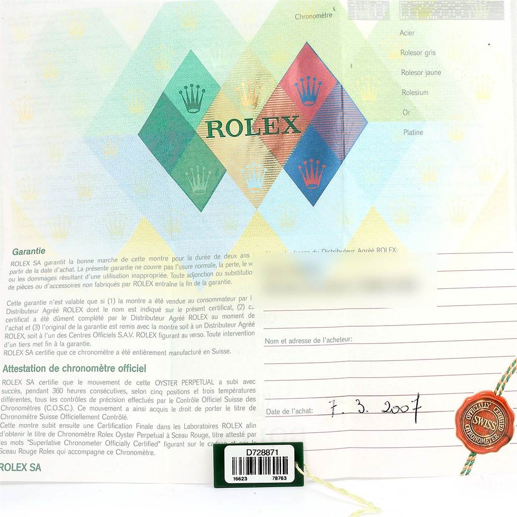 The image shows a warranty and certification card for a Rolex Yacht-Master 16623 Men's Stainless Steel Champagne Dial 16623 Men's Stainless Steel Champagne Dial watch.