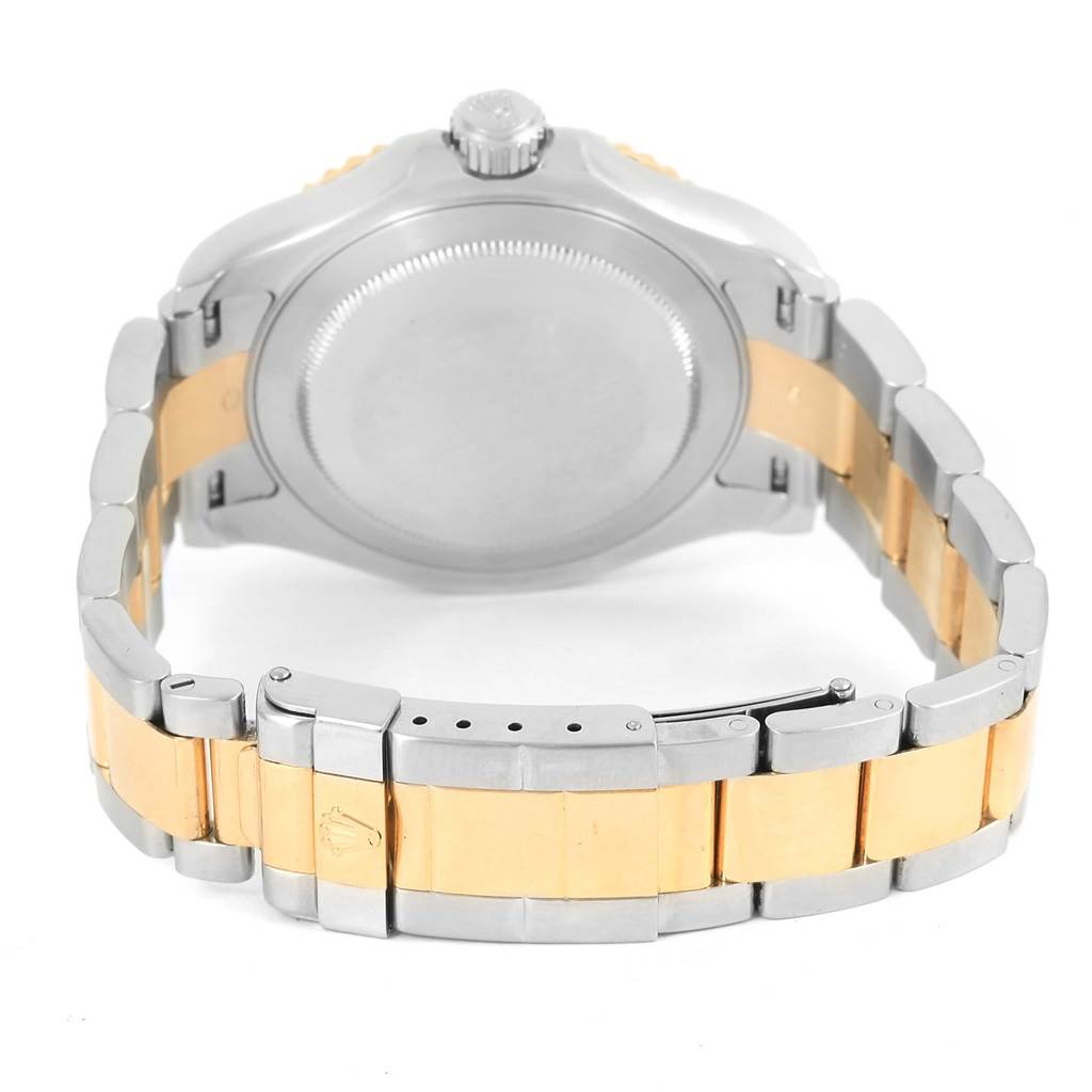 The image shows the back of a Rolex Yacht-Master 16623 Men's Stainless Steel Champagne Dial 16623 Men's Stainless Steel Champagne Dial watch, highlighting its clasp, bracelet, and caseback.