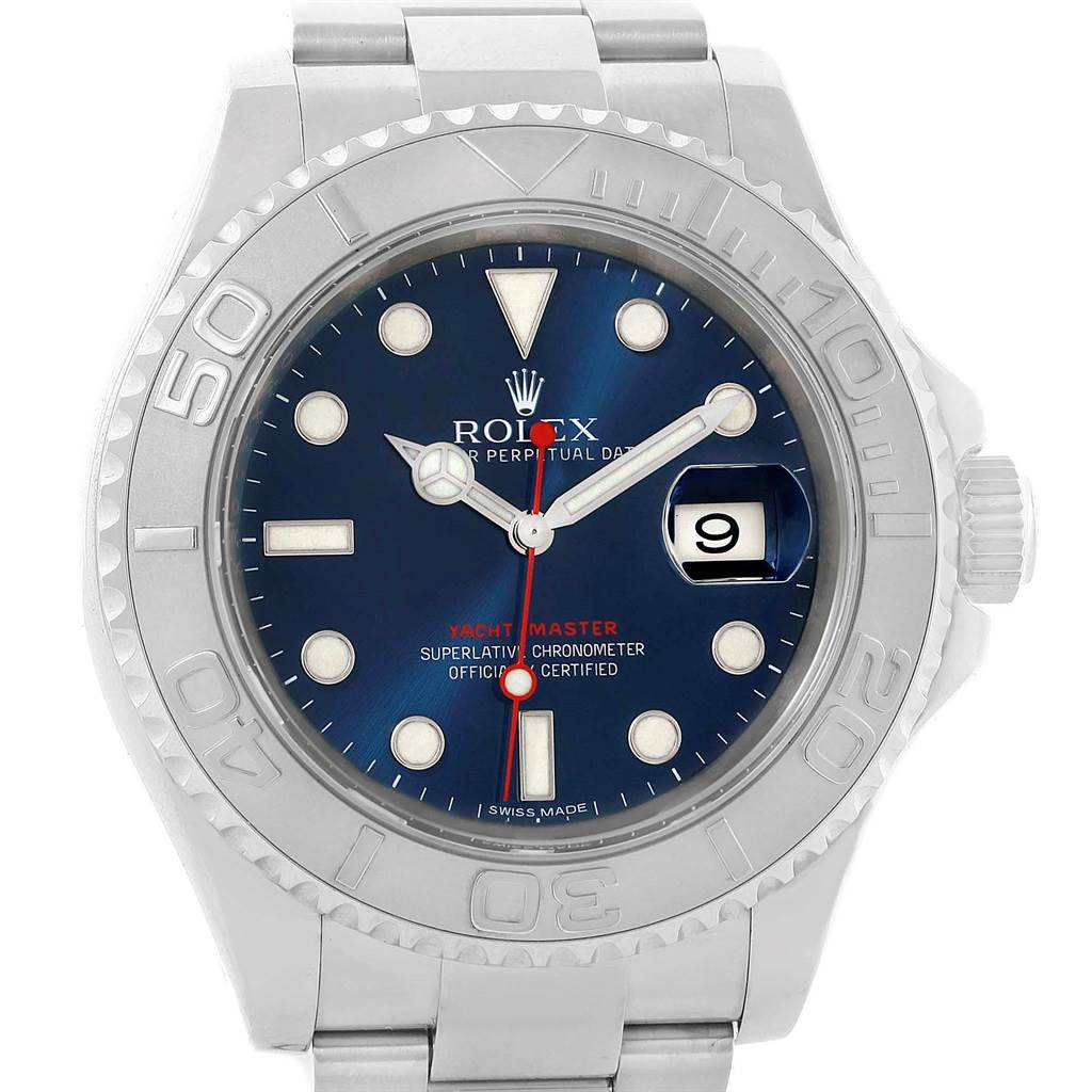 The image shows a front view of a Rolex Yacht-Master 116622 Men's Stainless Steel Blue Dial 116622 Men's Stainless Steel Blue Dial watch, highlighting the dial, bezel, hands, date, and bracelet.