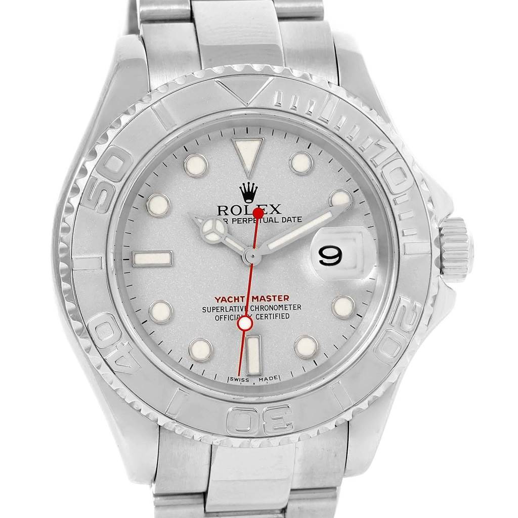 The image shows a Rolex Yacht-Master 16622 Men
s Stainless Steel Silver Dial 16622 Men
s Stainless Steel Silver Dial watch from a front view angle, highlighting its dial, hands, bezel, and bracelet.