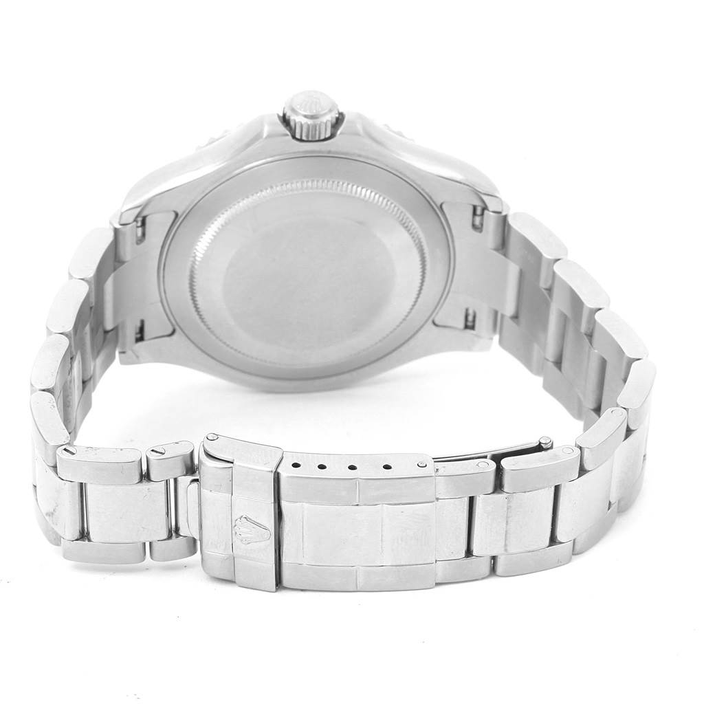 This image shows the back view of a Rolex Yacht-Master 16622 Men
s Stainless Steel Silver Dial 16622 Men
s Stainless Steel Silver Dial watch, highlighting the case back and the bracelet with its clasp.