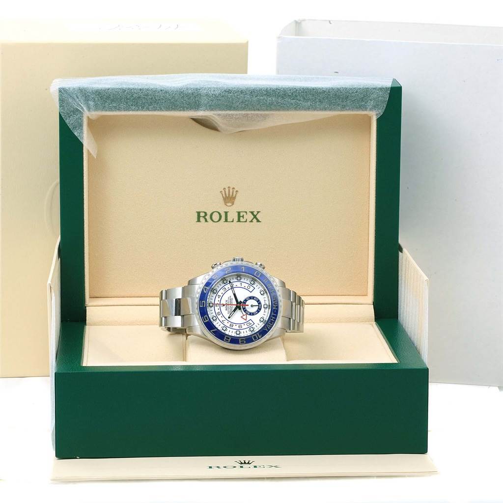 The image shows a front angle view of a Rolex Yacht-Master 116680 Men's Stainless Steel White Dial 116680 Men's Stainless Steel White Dial watch, displayed in its open green and beige box.