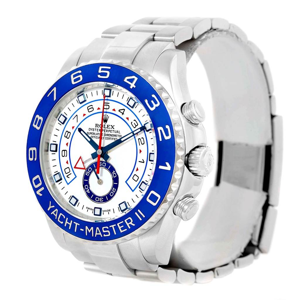 The image shows a side-angle view of a Rolex Yacht-Master 116680 Men's Stainless Steel White Dial 116680 Men's Stainless Steel White Dial II watch, highlighting the face, bezel, and part of the metal strap.