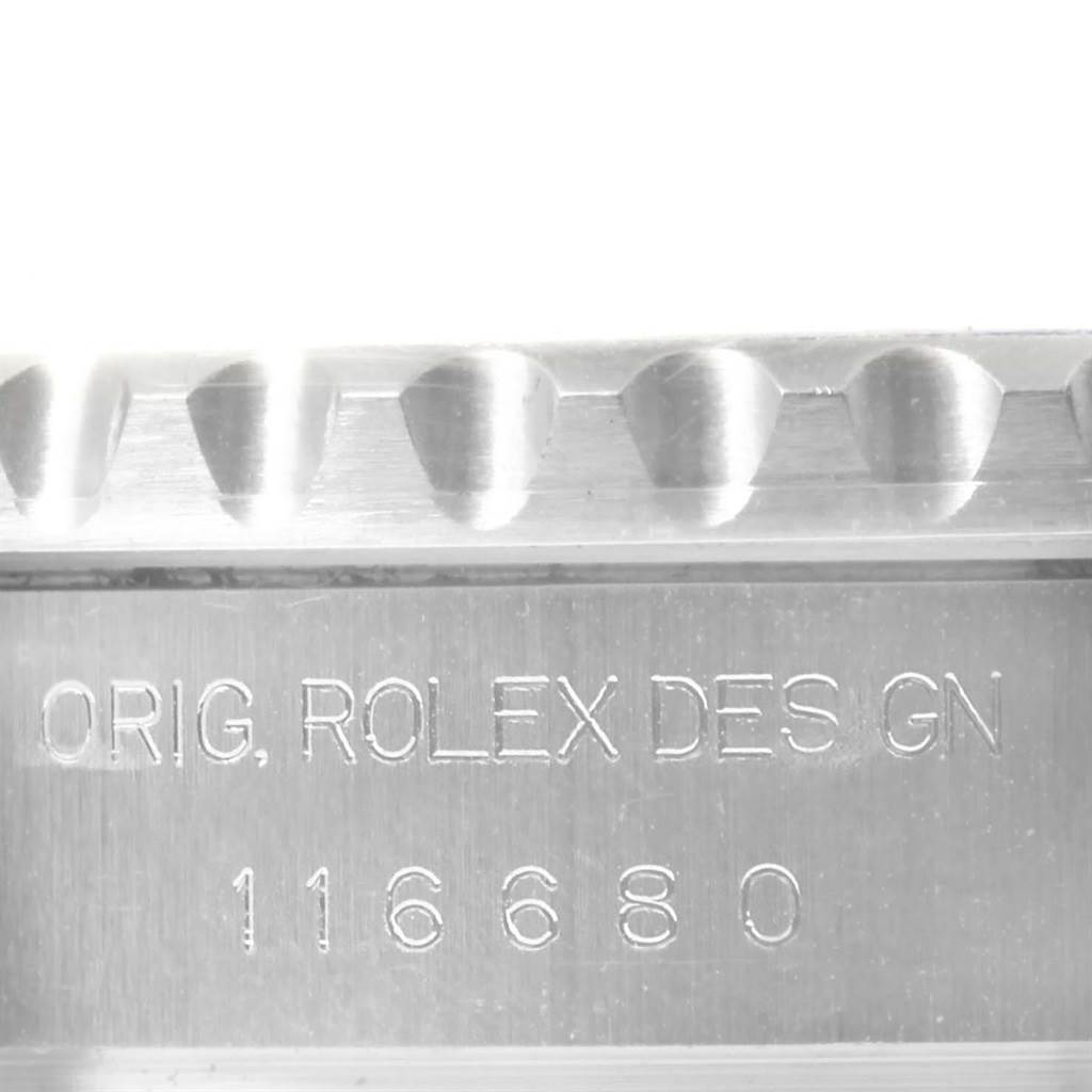 The image shows a close-up of the case side and engraving of a Rolex Yacht-Master 116680 Men's Stainless Steel White Dial 116680 Men's Stainless Steel White Dial, including the model number "116680."