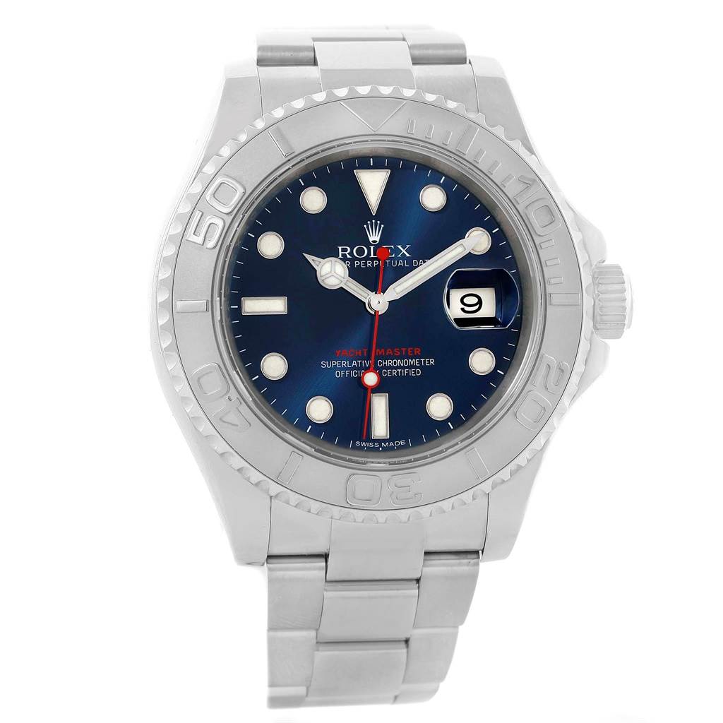 The image shows a front view of a Rolex Yacht-Master 116622 Men's Stainless Steel Blue Dial 116622 Men's Stainless Steel Blue Dial watch, displaying its face, bezel, and bracelet.