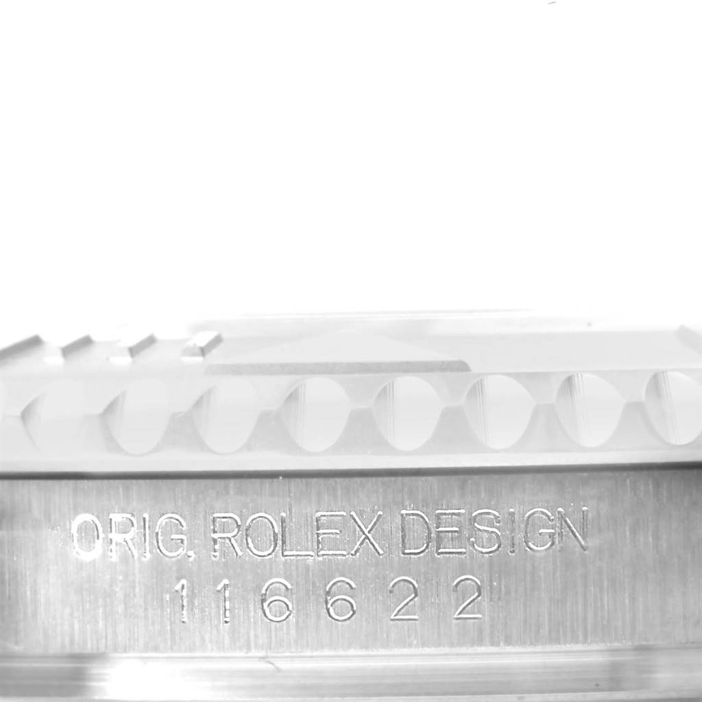 The image shows a close-up of the case side of the Rolex Yacht-Master 116622 Men's Stainless Steel Blue Dial 116622 Men's Stainless Steel Blue Dial watch, including the engraved model number 116622.