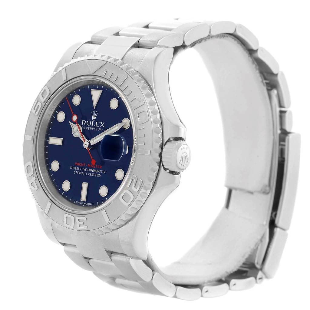 The image shows a Rolex Yacht-Master 116622 Men's Stainless Steel Blue Dial 116622 Men's Stainless Steel Blue Dial watch at a slight side angle, highlighting the bezel, crown, and bracelet.