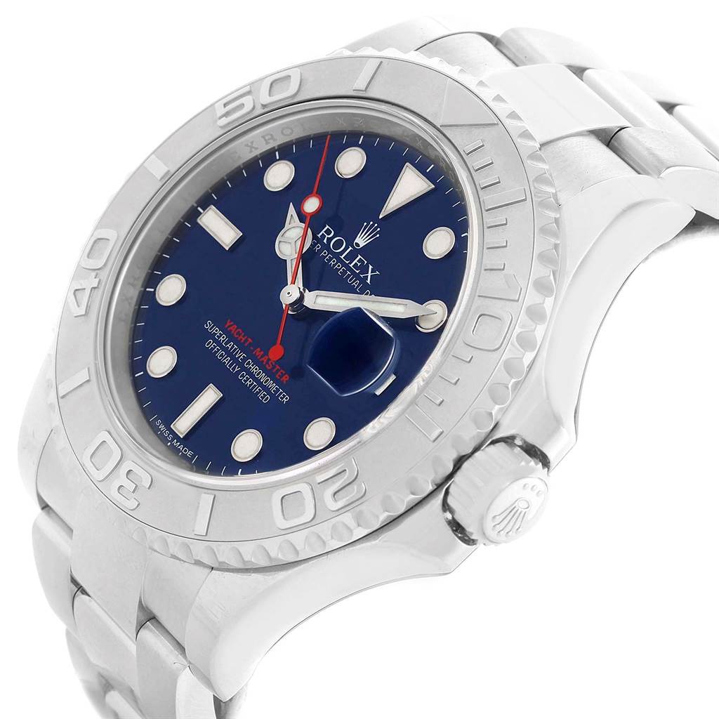 The image displays a side angle of a Rolex Yacht-Master 116622 Men's Stainless Steel Blue Dial 116622 Men's Stainless Steel Blue Dial watch, highlighting the blue dial, bezel, and part of the bracelet.