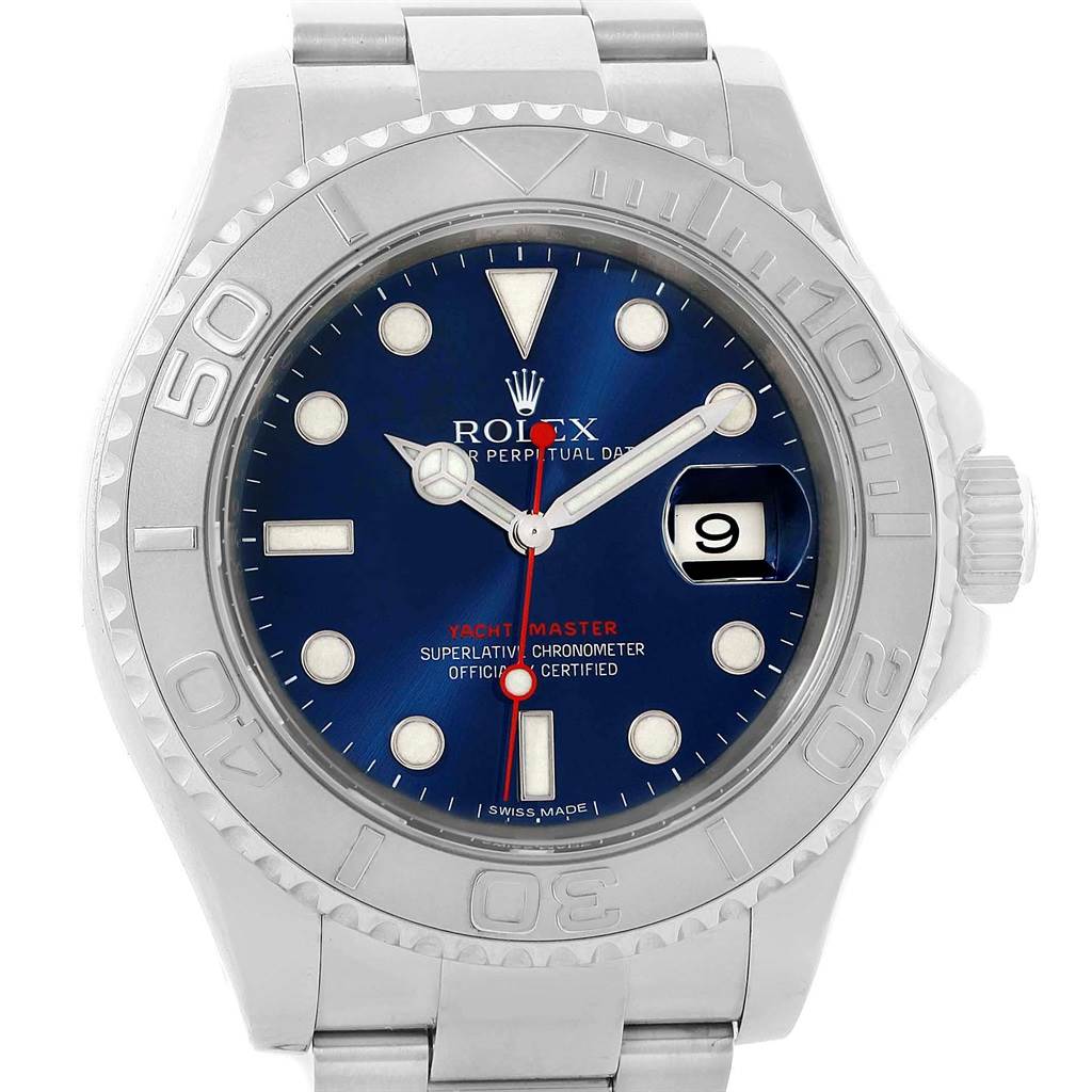 This image shows a front view of the Rolex Yacht-Master 116622 Men's Stainless Steel Blue Dial 116622 Men's Stainless Steel Blue Dial watch, displaying its face, bezel, and bracelet.