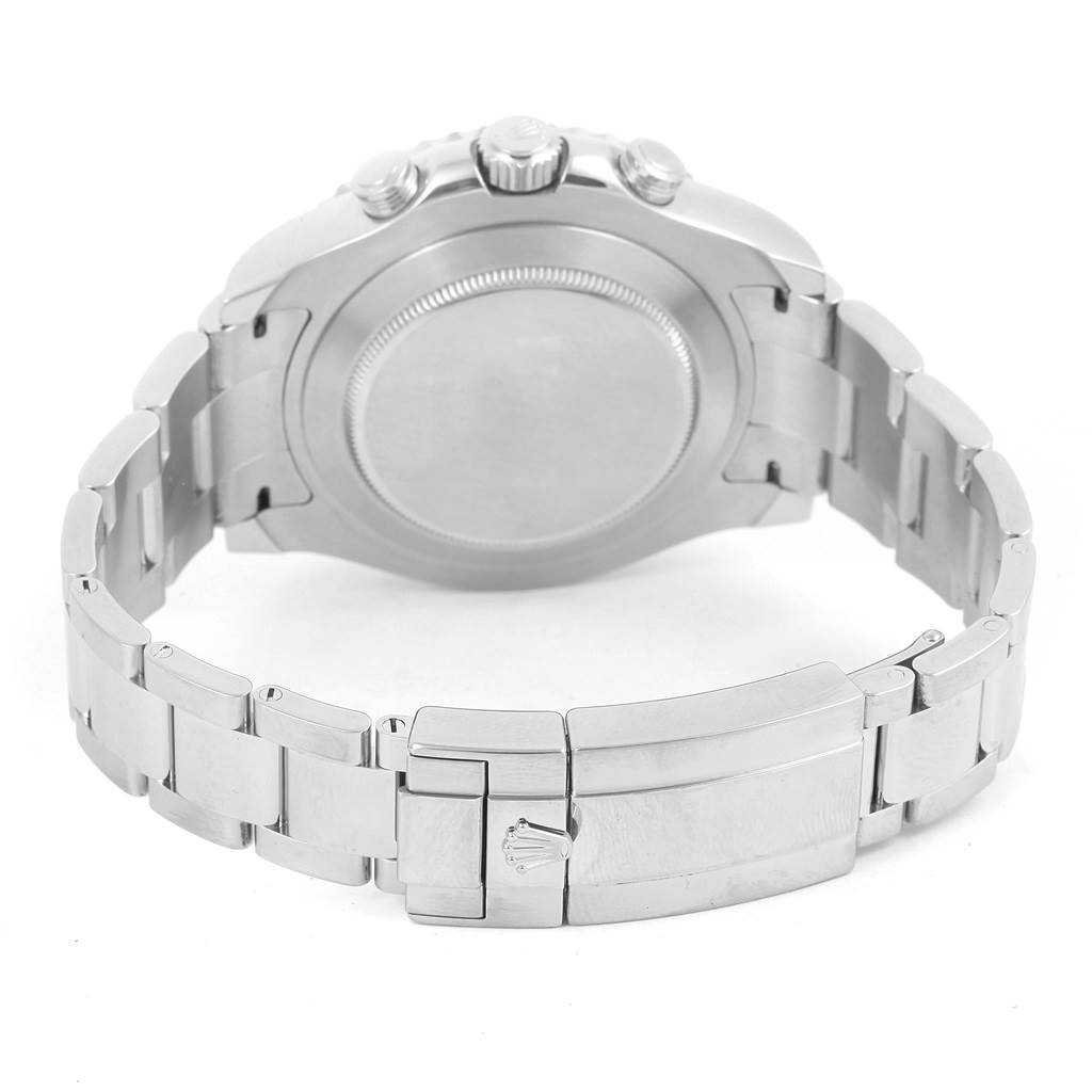 The image shows the back view of the Rolex Yacht-Master 116680 Men's Stainless Steel White Dial 116680 Men's Stainless Steel White Dial watch, highlighting its case back and metal bracelet with clasp.