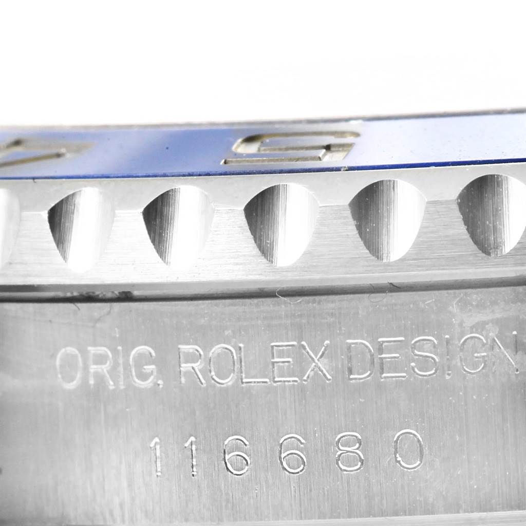 This image shows an angled close-up of the bezel and case side of a Rolex Yacht-Master 116680 Men's Stainless Steel White Dial 116680 Men's Stainless Steel White Dial with the model number 116680 engraved.